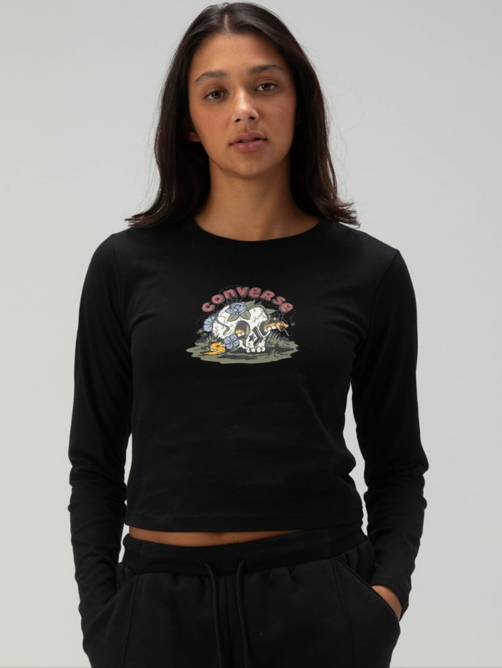 NWT Converse Skull Rose Web Graphic Long Sleeve Crop Top Tee Black S